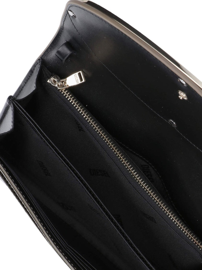 Diesel Mirrored Brown Leather Crossbody Wallet With Silver Hardware