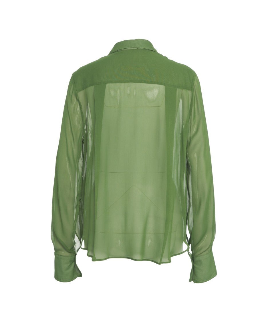 Semi Couture Sheer Green Blouse With Cascading Ruffles And Classic Collar