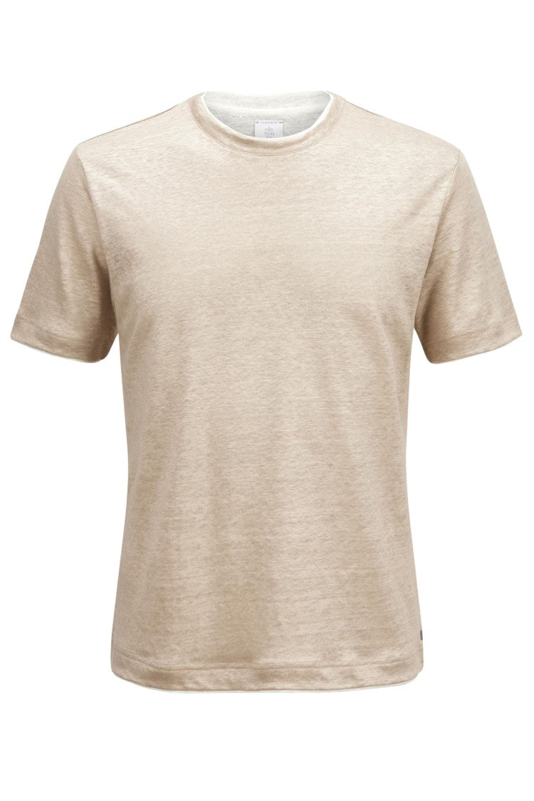 Eleventy Sand White Double Trim Crew Neck Linen T-Shirt