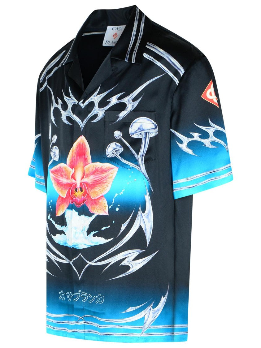 Casablanca Cuban Collar Black Silk Shirt With Blades Pattern