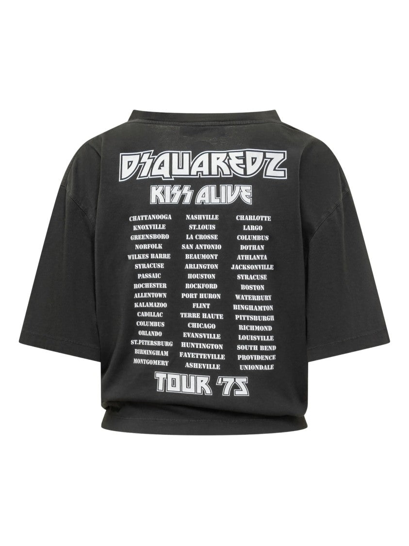 Dsquared2 Cropped Black Studded Kiss Graphic T-Shirt