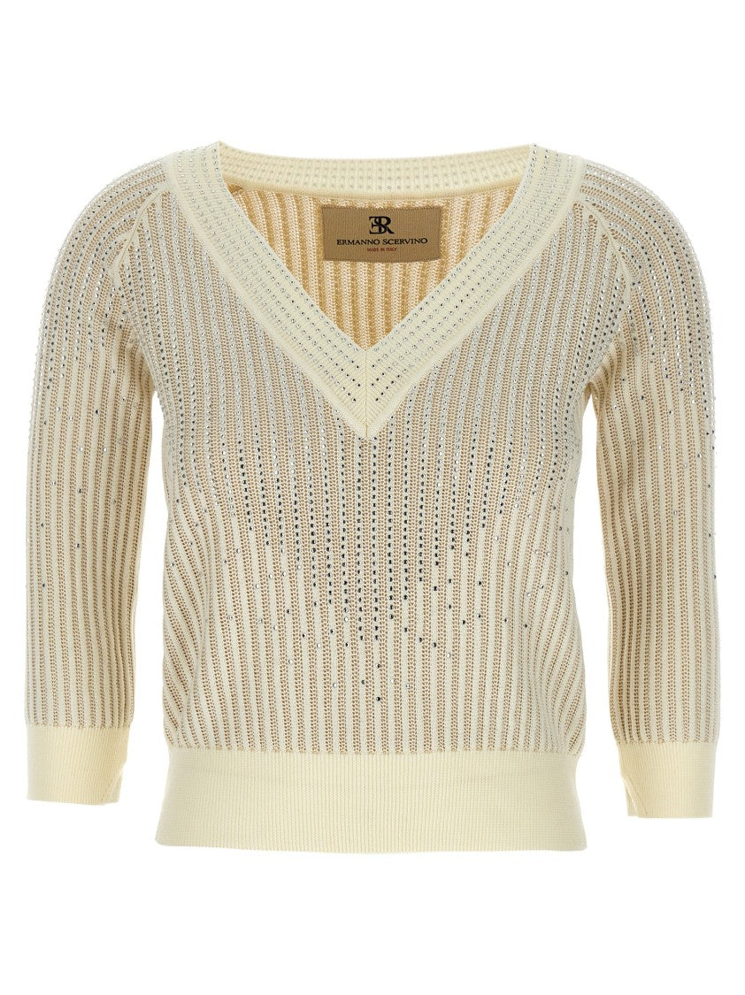 Ermanno Scervino Rhinestone-Embellished Cotton Sweater With V-Neck And 3/4 Sleeves