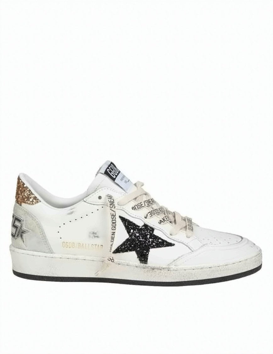 Golden Goose Distressed White Leather Low-Top Sneakers With Glitter Star