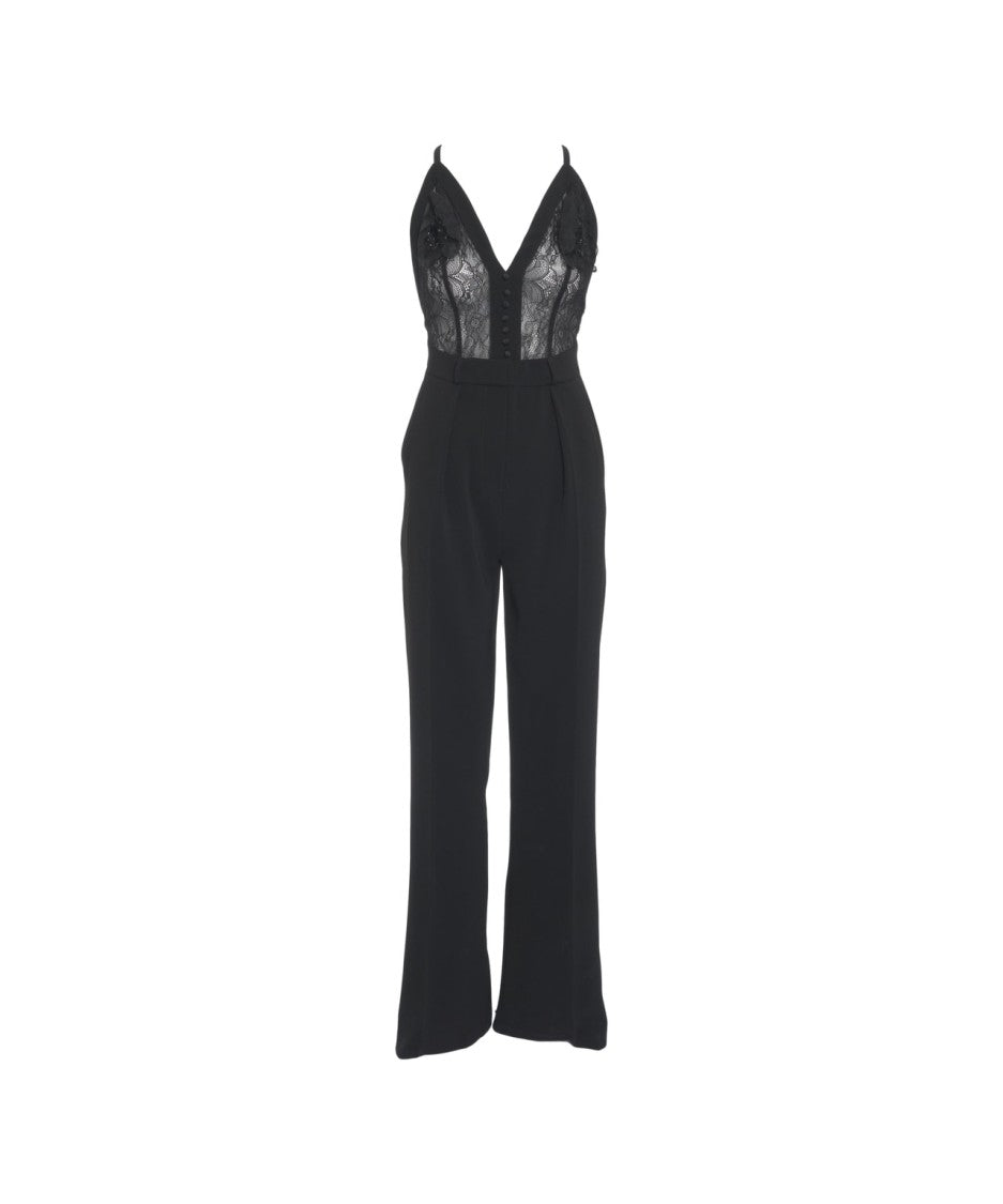 Elisabetta Franchi Wide-Leg Crêpe Jumpsuit With Lace Inserts And Pearl Embroidery