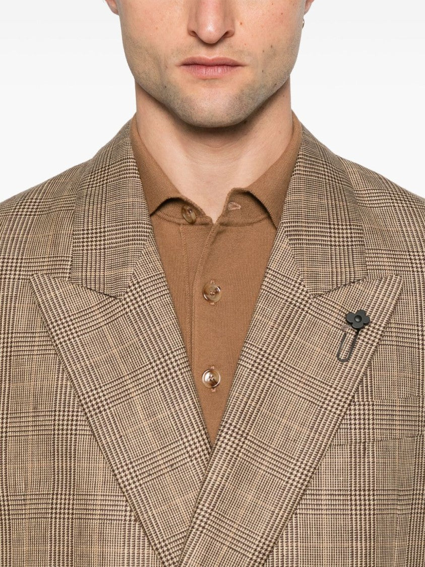 Lardini Double-Breasted Brown Jacket With Textured Plaid Pattern
