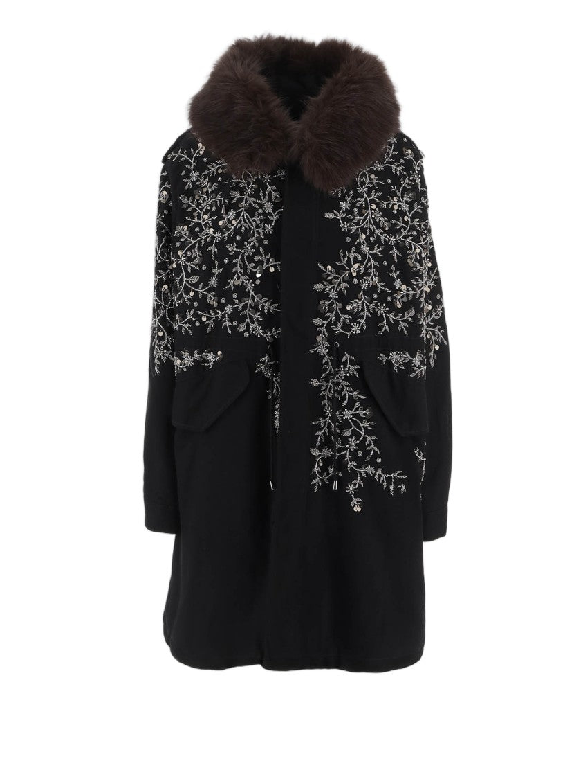 Novelle Black Floral Embroidered Faux-Fur Hooded Cotton Parka