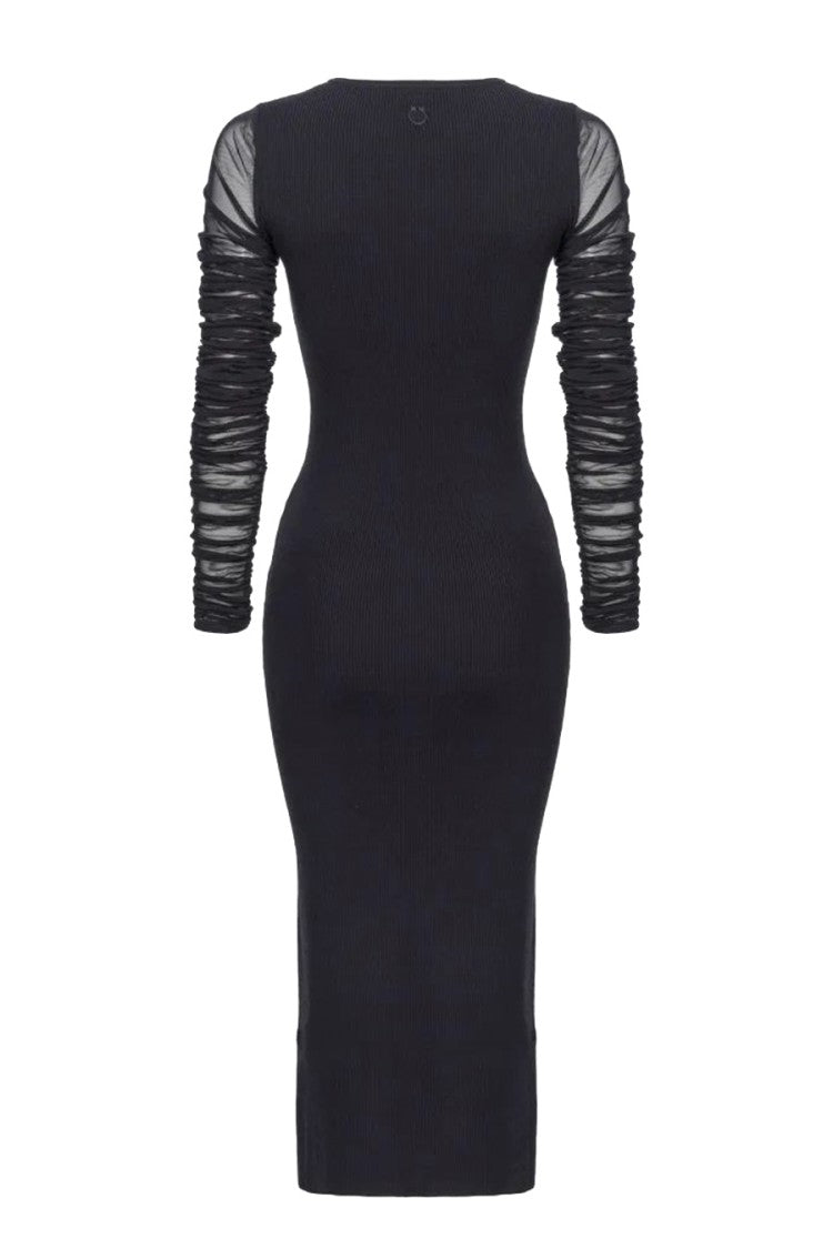 Pinko Ribbed Black Midi Dress Sheer Mesh