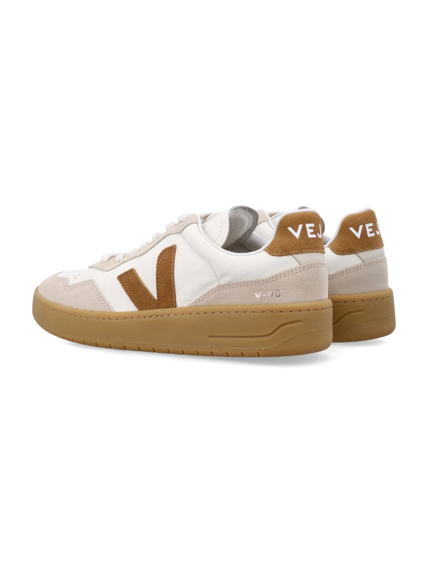 Veja V-90 White And Camel Leather Sneakers