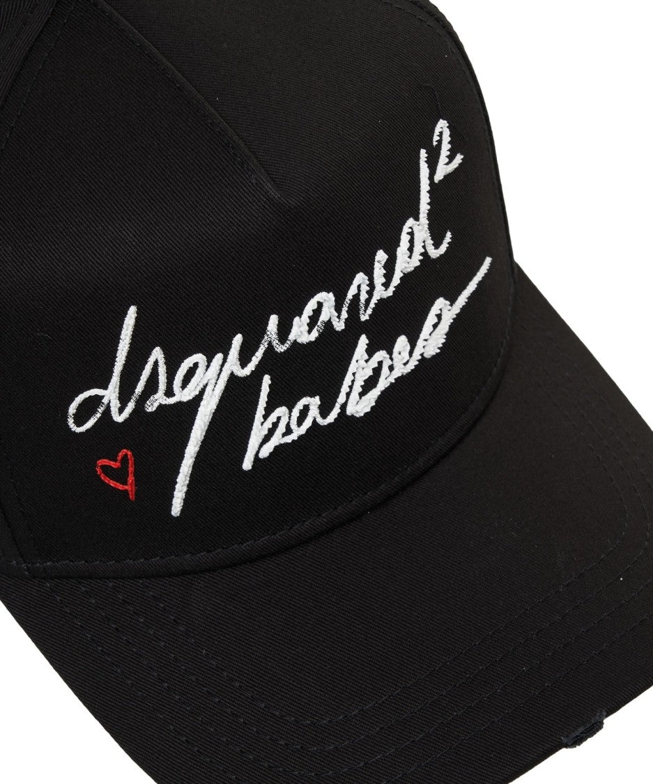 Dsquared2 Distressed Black Baseball Cap With Embroidered Logos