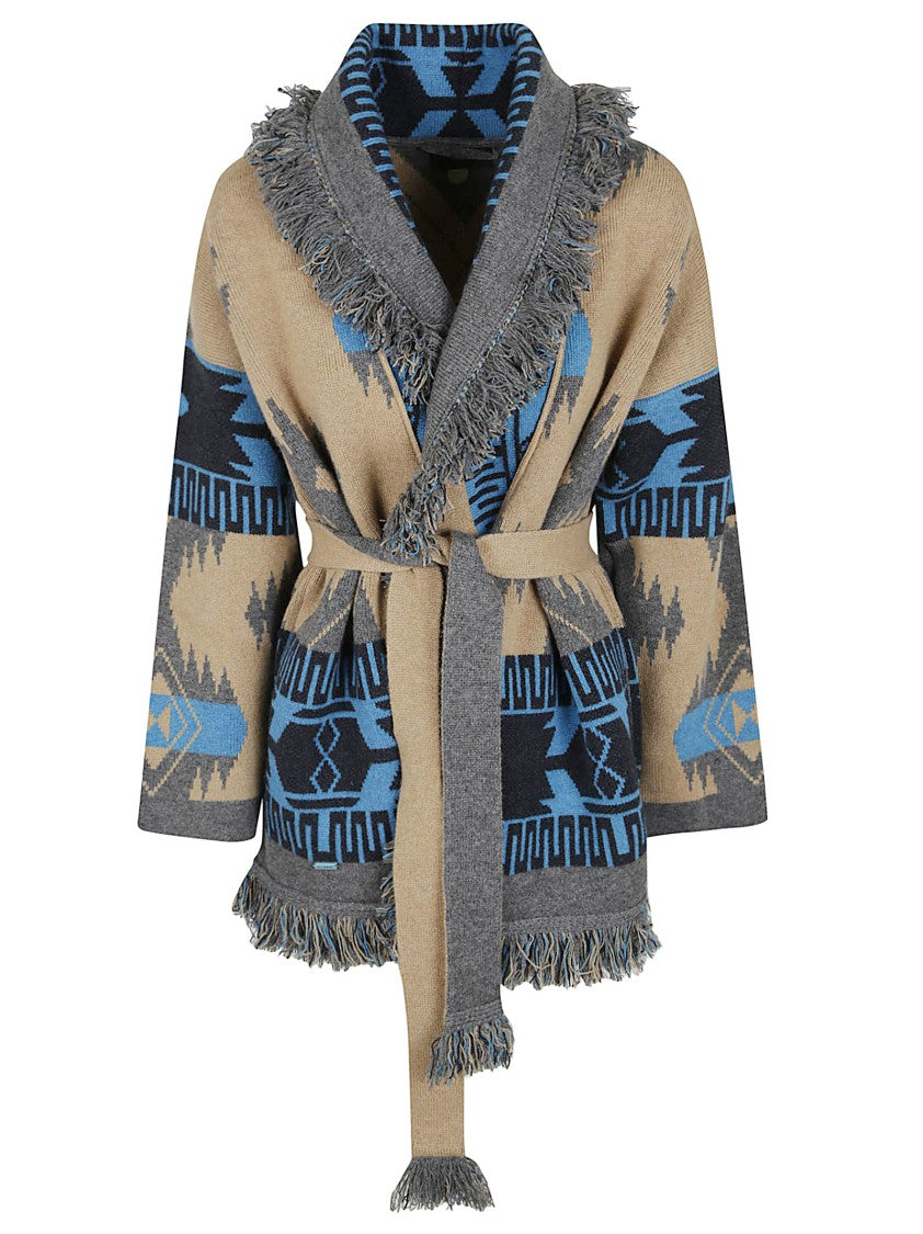 Alanui Geometric Two-Tone Cashmere Cardigan With Fringed Edges