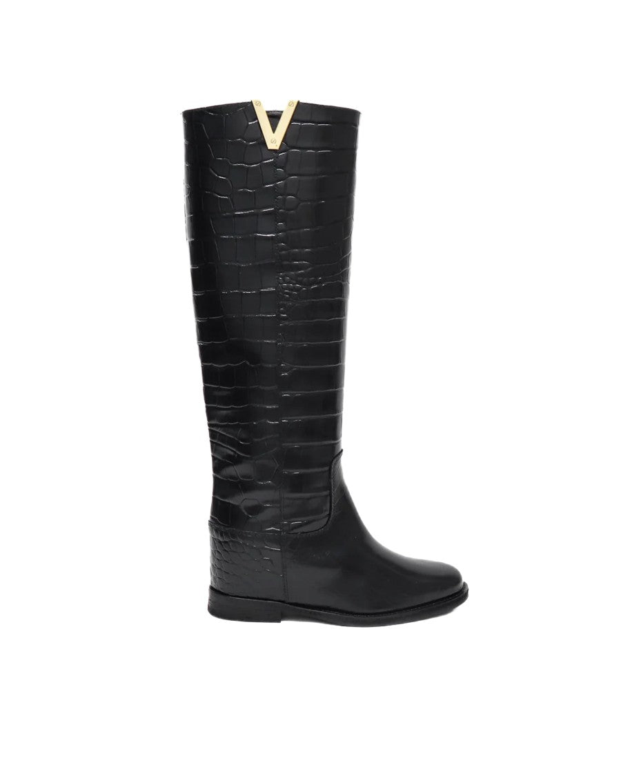 Via Roma 15 Cocco Black Pull-On Gold Detail Leather Boots