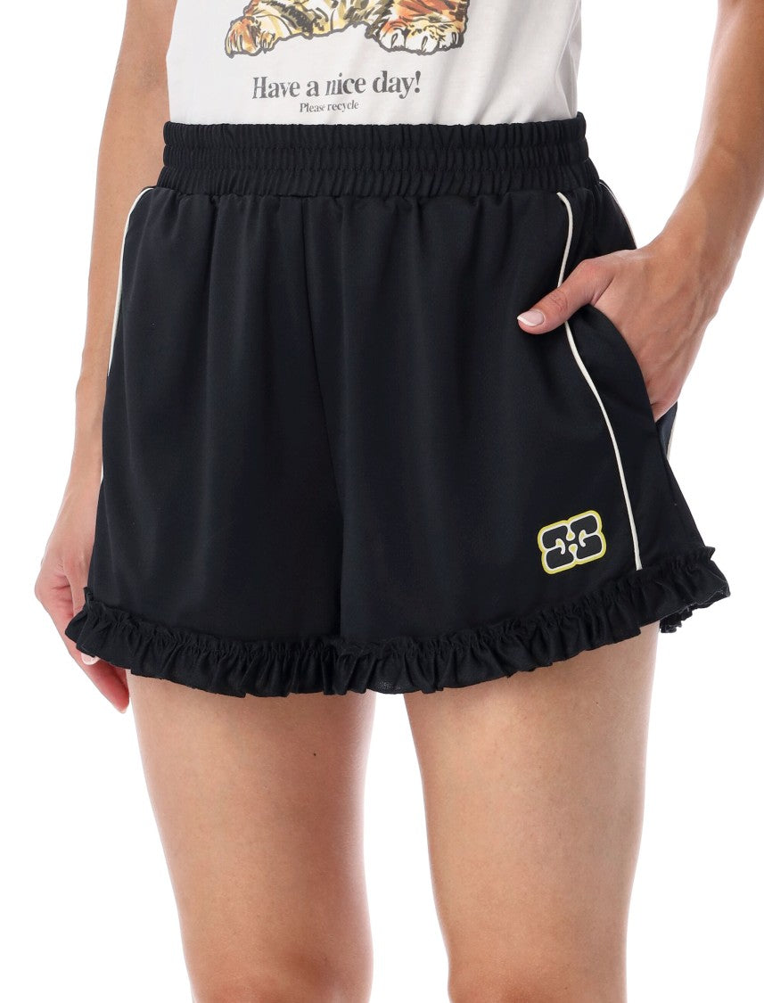 Ganni Relaxed Fit Black Shorts With Frill Trim