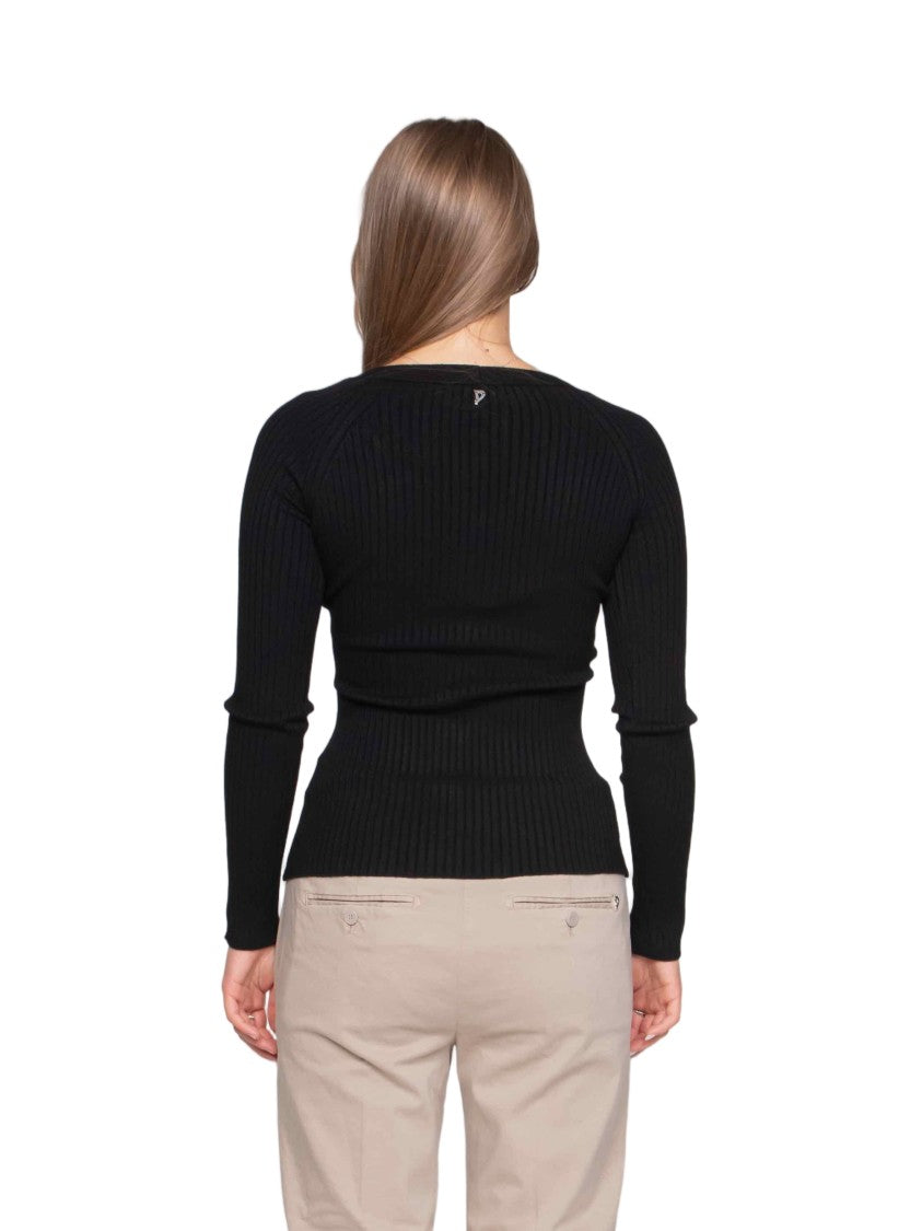 Dondup Fitted Ribbed Cardigan With Deep V-Neckline And Asymmetrical Hemline