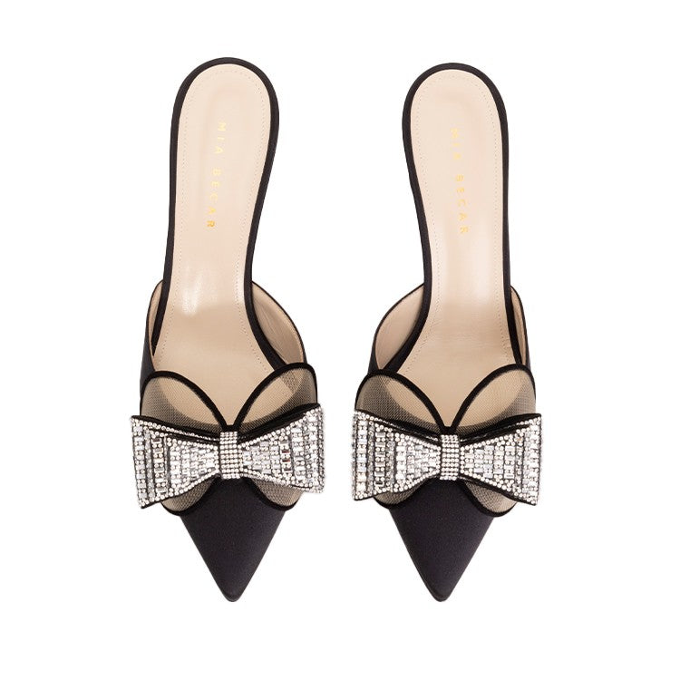 M+E' Satin-Embellished Black Sandals With Pointed Toe Design