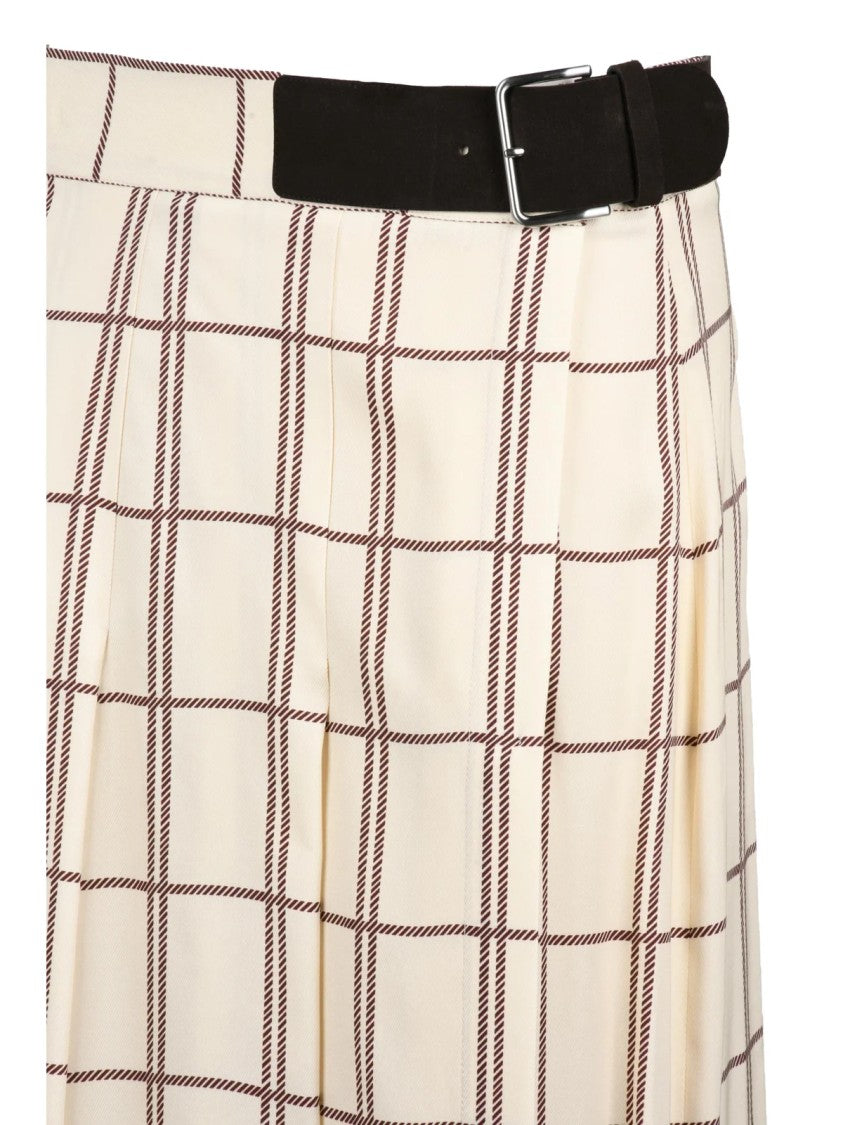 Crida Cream Long Pleated Skirt With Checkered Pattern