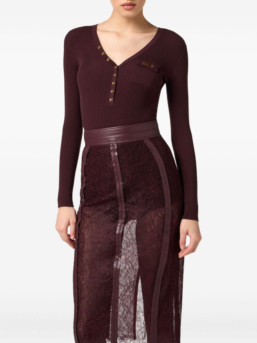 Elisabetta Franchi Fitted Burgundy Sweater With Deep V-Neckline