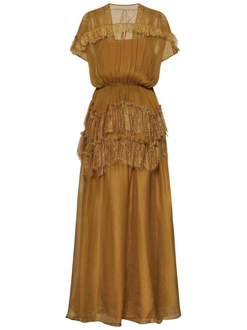 Amen Silk Georgette Maxi Dress With Lace Inserts