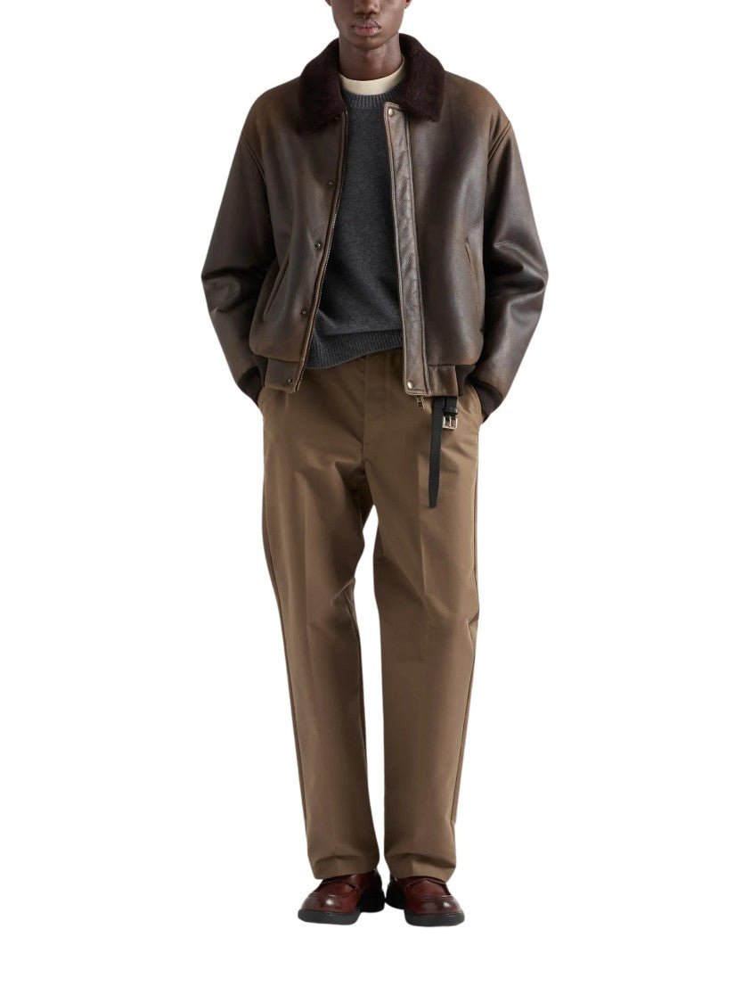 Prada Brown Treated Leather Bomber Jacket