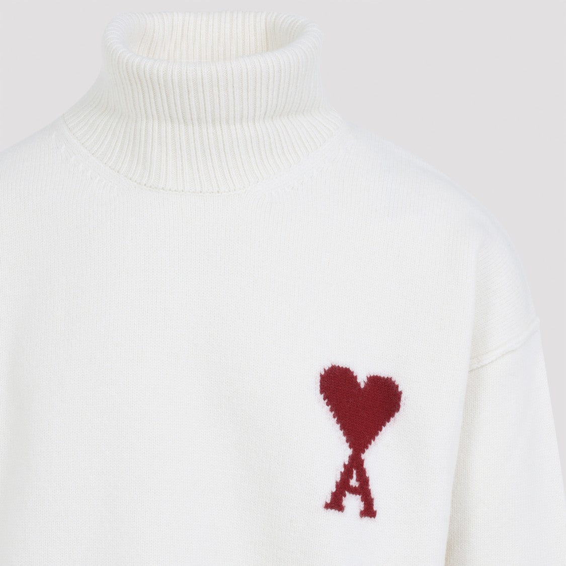 Ami High-Neck Sweater With Ribbed Details And Embroidered Accent
