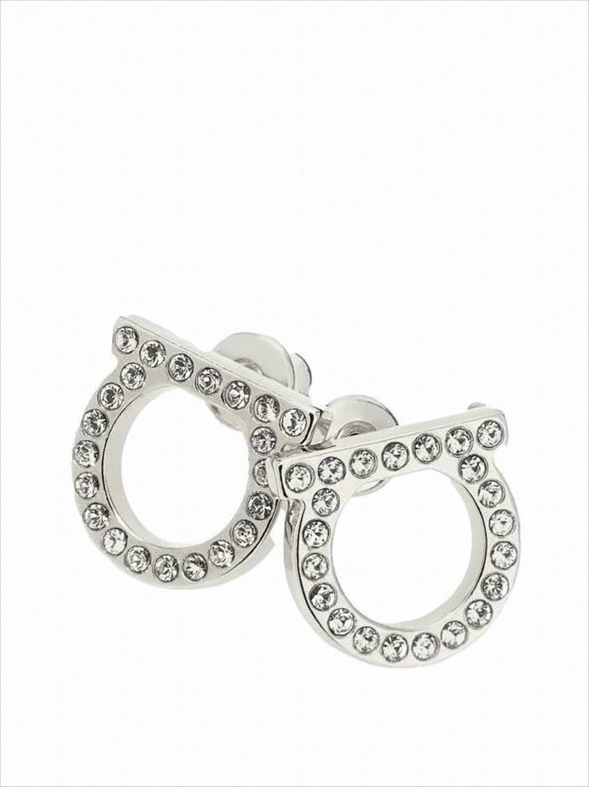 Salvatore Ferragamo Circular Silver Earrings With Sparkling Crystals