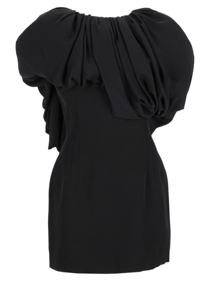 Magda Butrym Black Draped Puffed-Sleeve Mini Dress