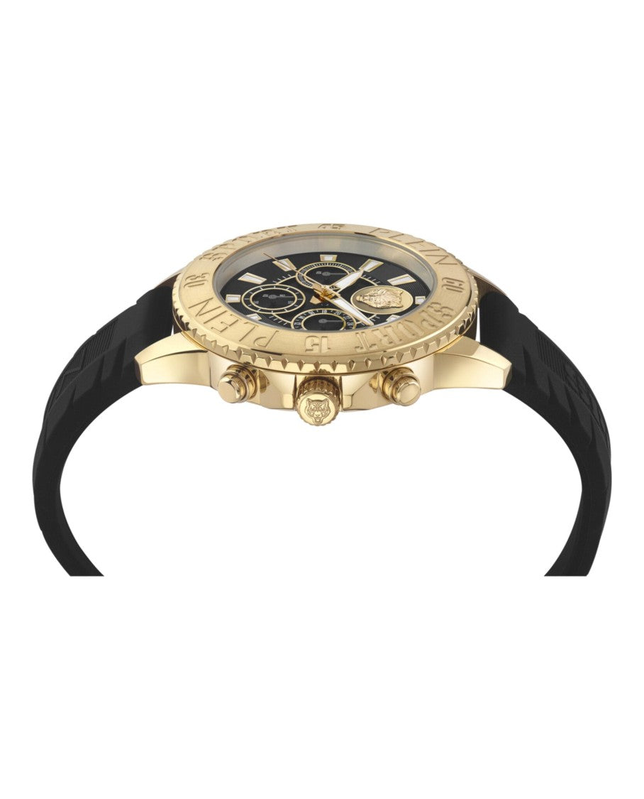 Plein Sport Chronograph Ip Yellow Gold Watch With Textured Black Silicone Strap