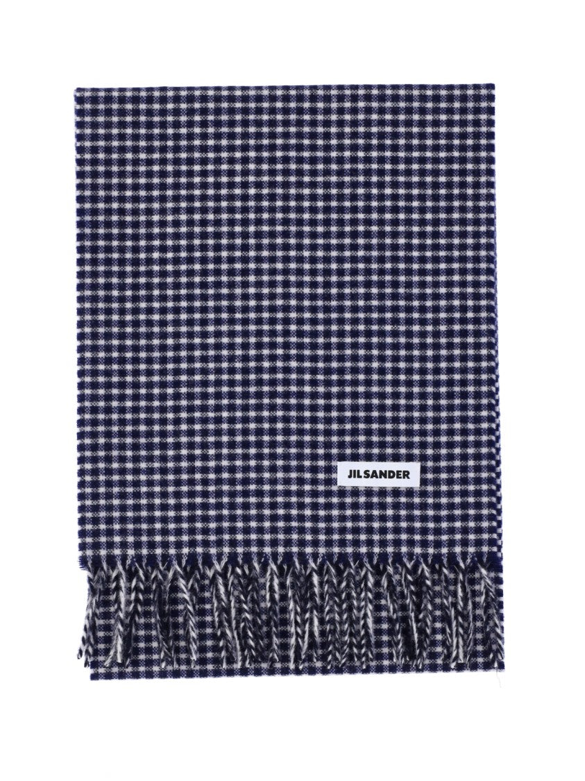 Jil Sander Blue Check Virgin Wool Fringed Scarf