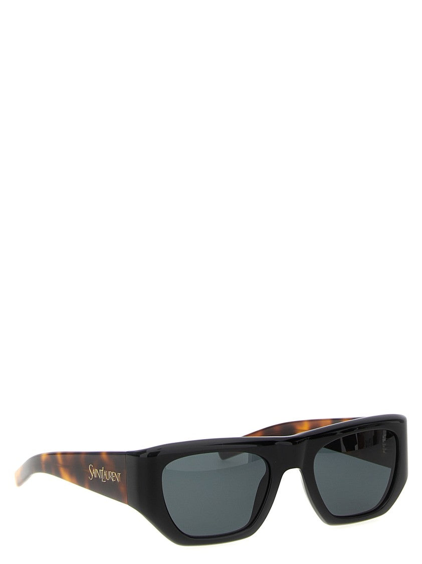 Saint Laurent Black Acetate Rectangular Sunglasses With Tortoiseshell Temples