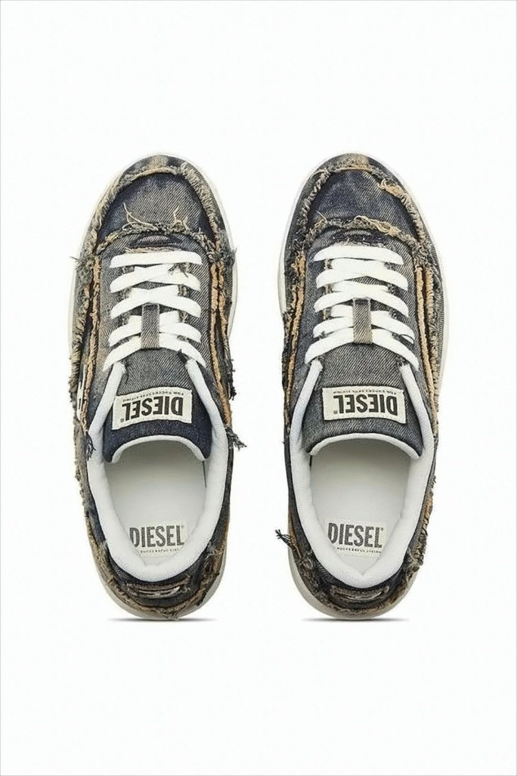 Diesel Distressed Denim Low-Top Sneakers With Textured Sole