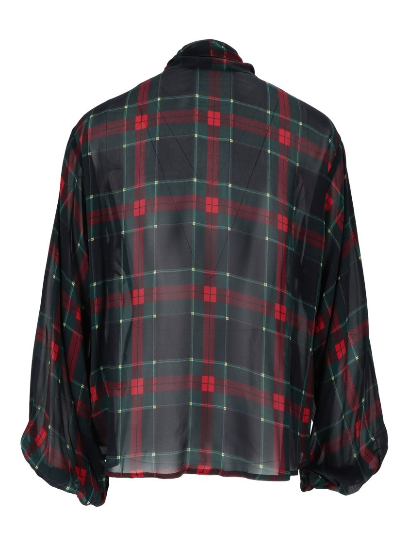 Shirt A Porter Tartan Plaid Sheer Chiffon Bow Tie Blouse