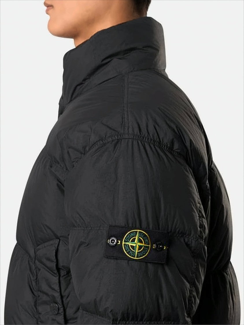 Stone Island Cropped Black Puffer Jacket With High Collar And Flap Pockets