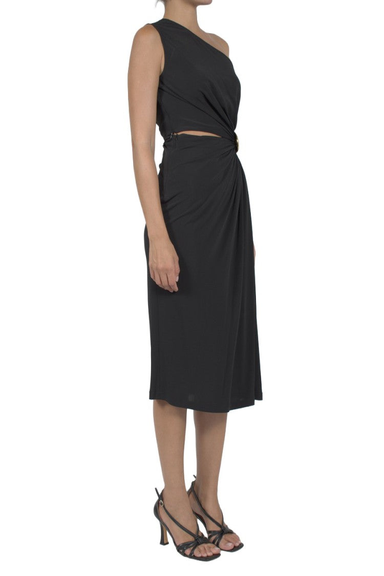 Bottega Veneta Black One-Shoulder Draped Cut-Out Viscose Midi Dress