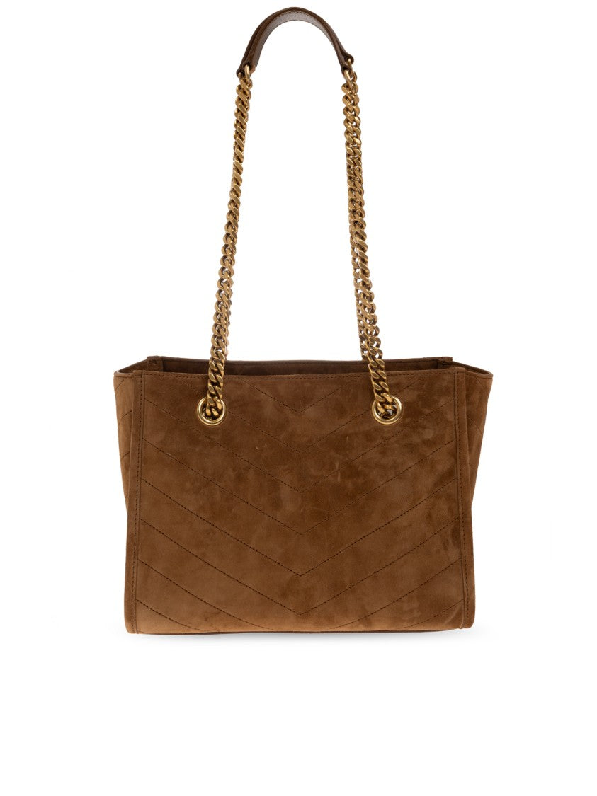 Saint Laurent Niki S Chevron Quilted Gold-Accent Suede Handbag