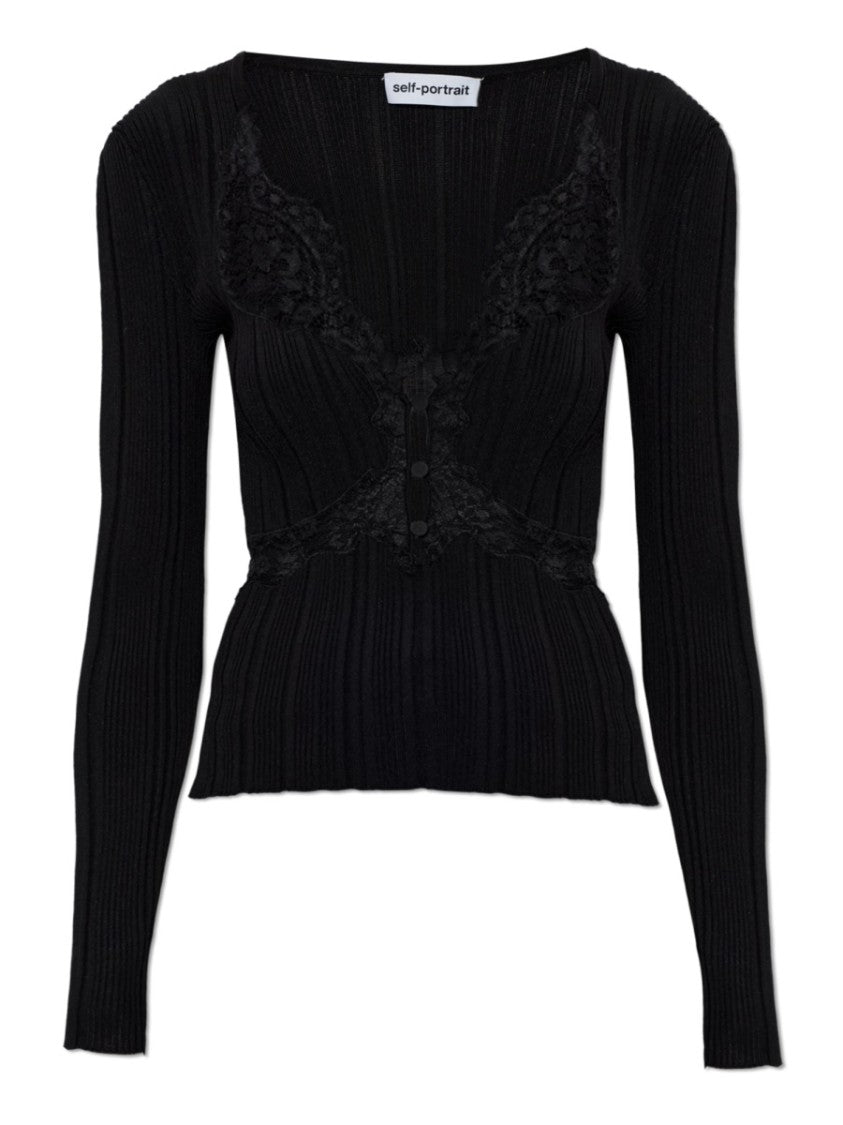 Self-Portrait Lace Ribbed Textured Fitted Top