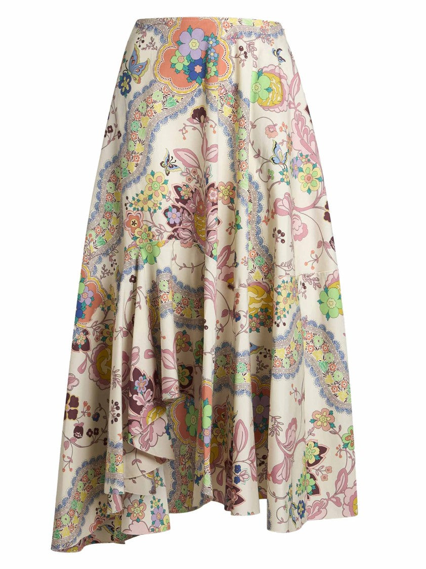 Etro Asymmetric White Midi Skirt With Floral And Butterfly Print