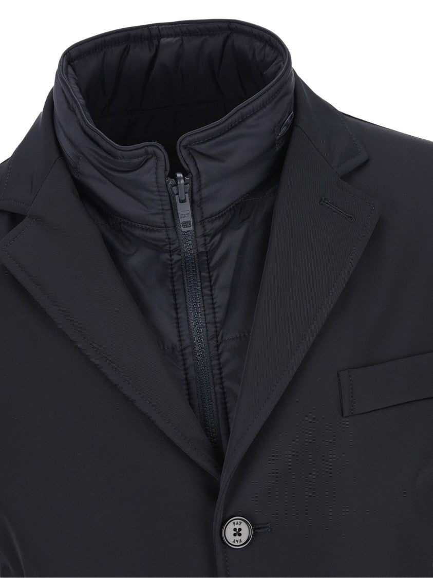 Fay Double-Breasted Navy Blue Coat With Detachable Gilet