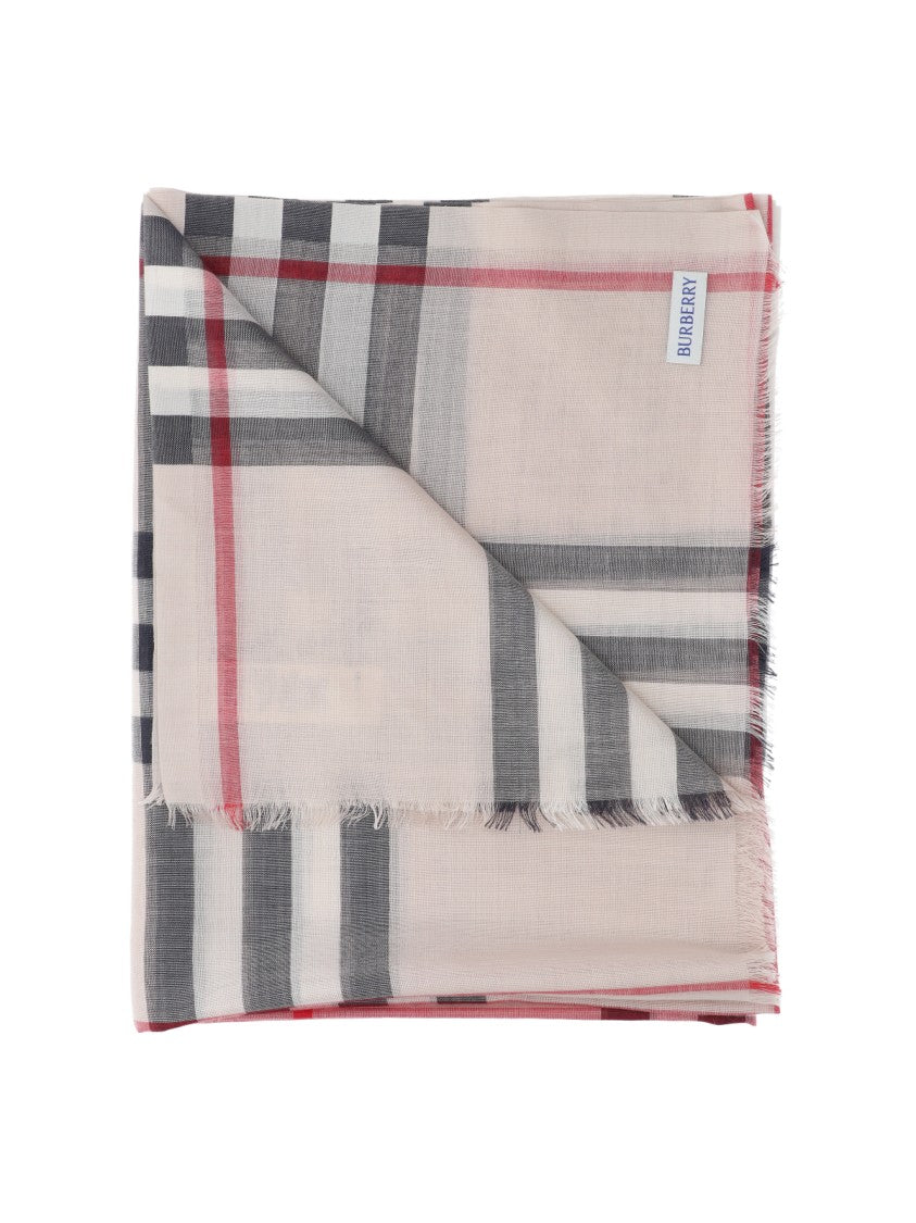 Burberry Grey Check Silk-Wool Fringed Scarf