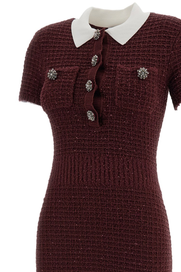 Self-Portrait Burgundy Textured Waffle-Knit Polo Midi Dress