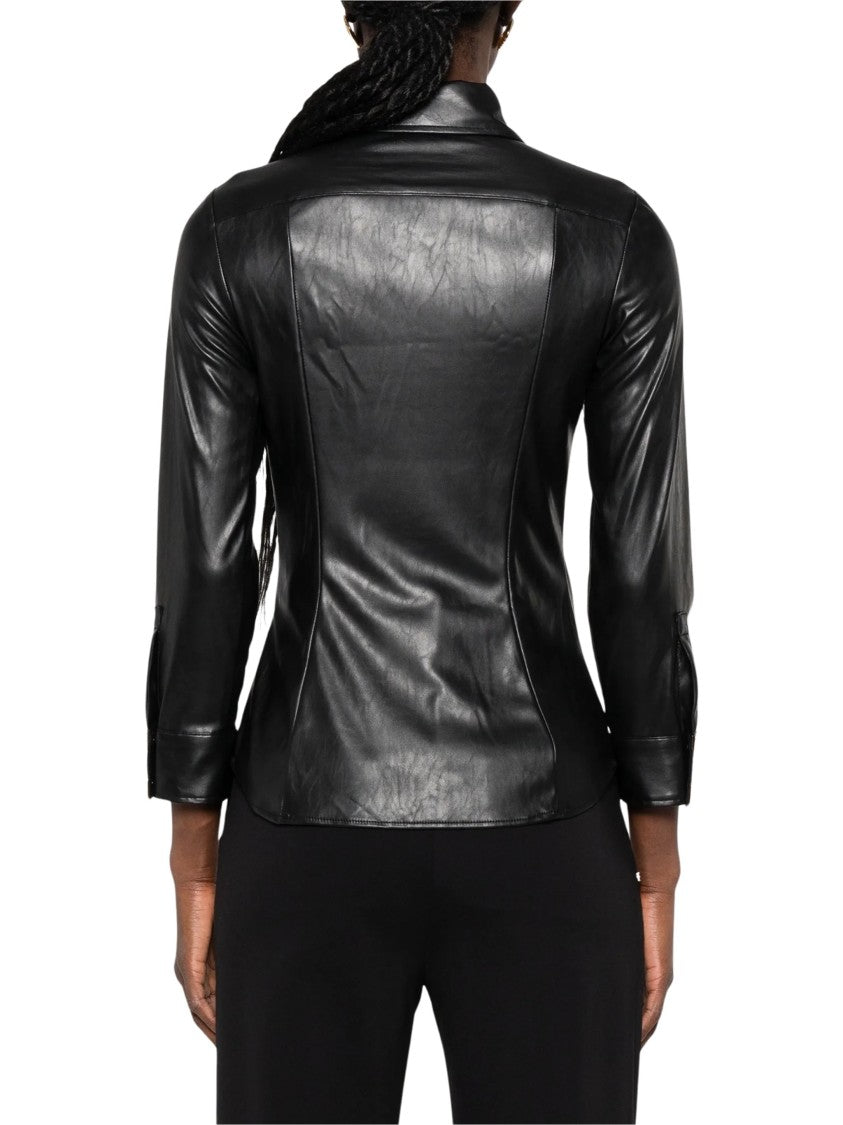 Elisabetta Franchi Black Leather Shirt With Geometric Gold Accents