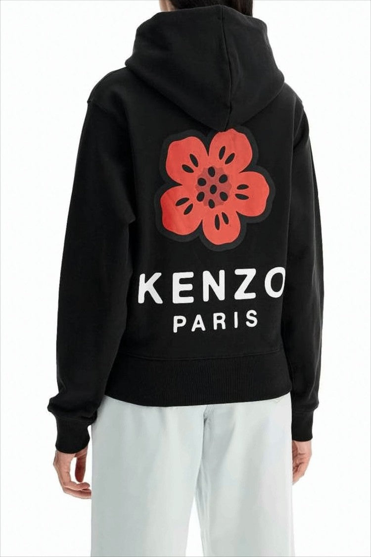 Kenzo Cropped Black Hoodie With Floral Emblem And Graphic Design