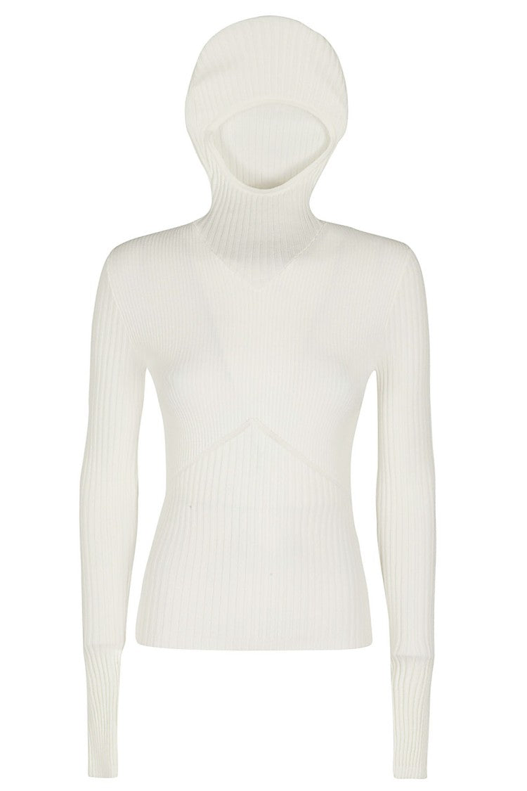 Andreâdamo Ivory Ribbed Knit Hoodie Top With High Neckline