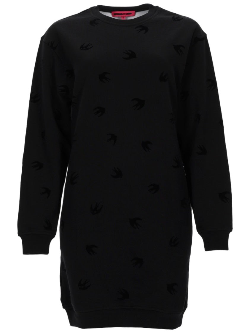 Alexander Mcqueen Black Sweatshirt Dress With Bird Silhouette Pattern