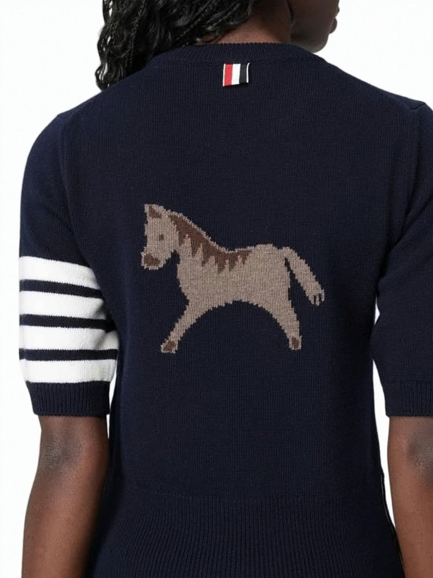 Thom Browne Fitted Short-Sleeved Knit Sweater With Horse Motif