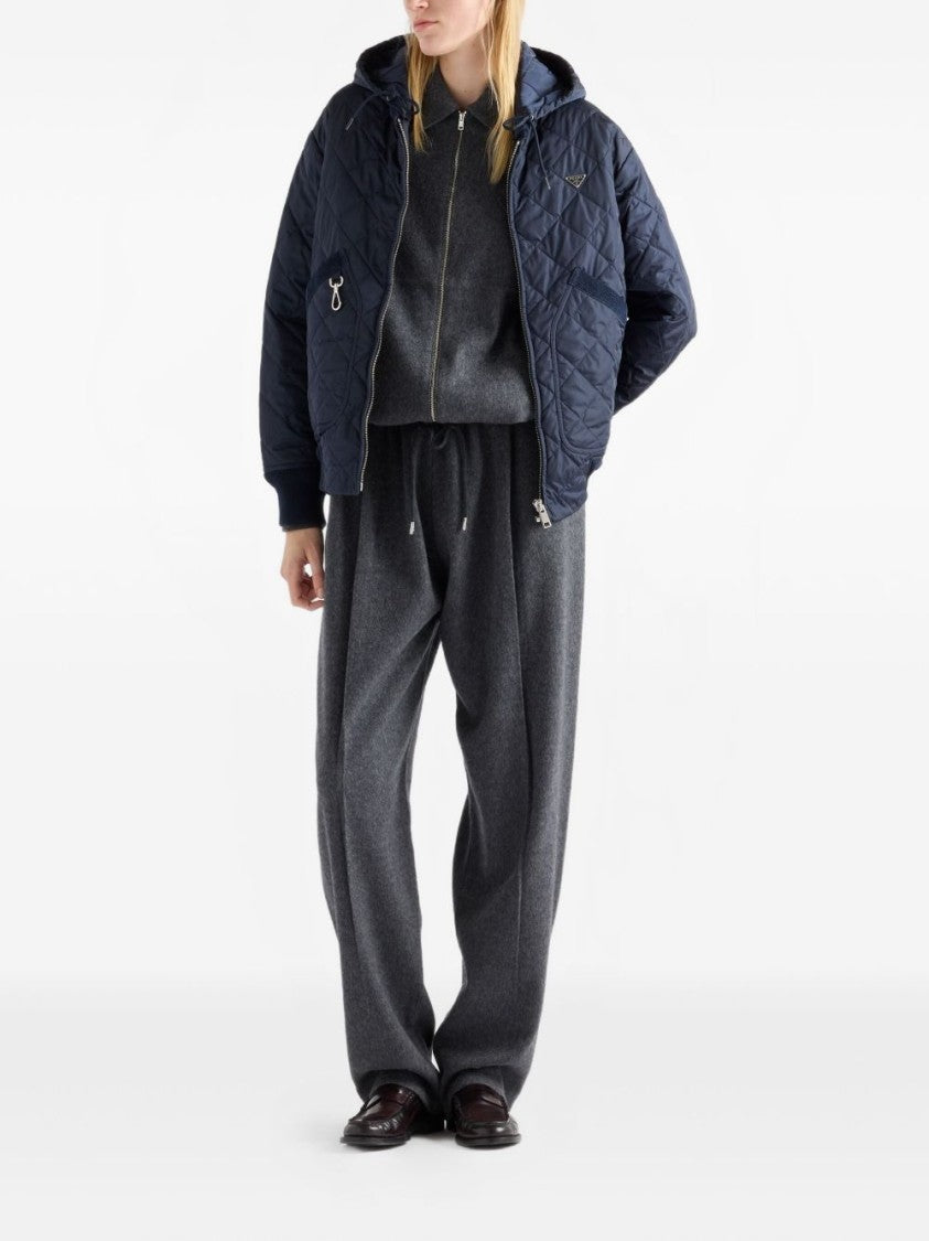 Prada Black Re-Nylon Hooded Velvet Trim Jacket