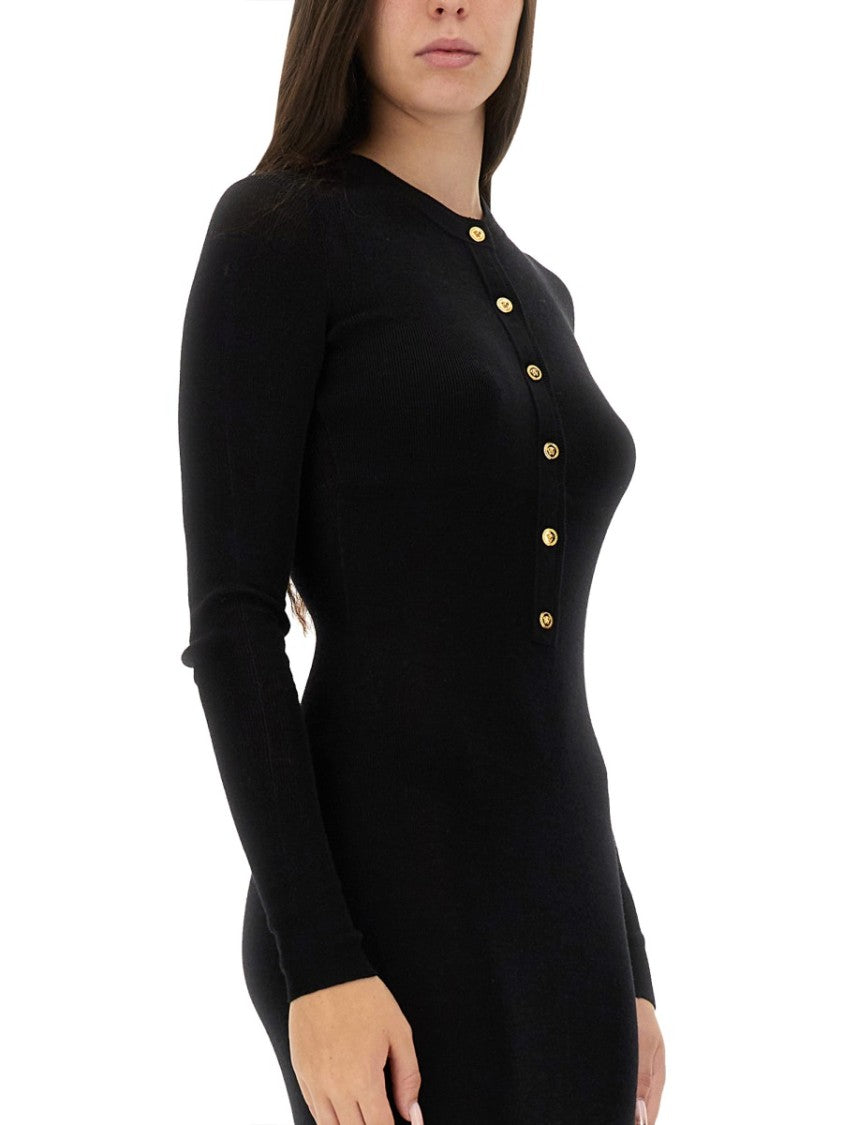 Versace Long Fitted Wool Dress With Gold-Tone Button