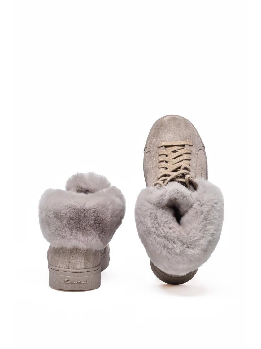 Santoni Beige Suede Fur Ankle Boots