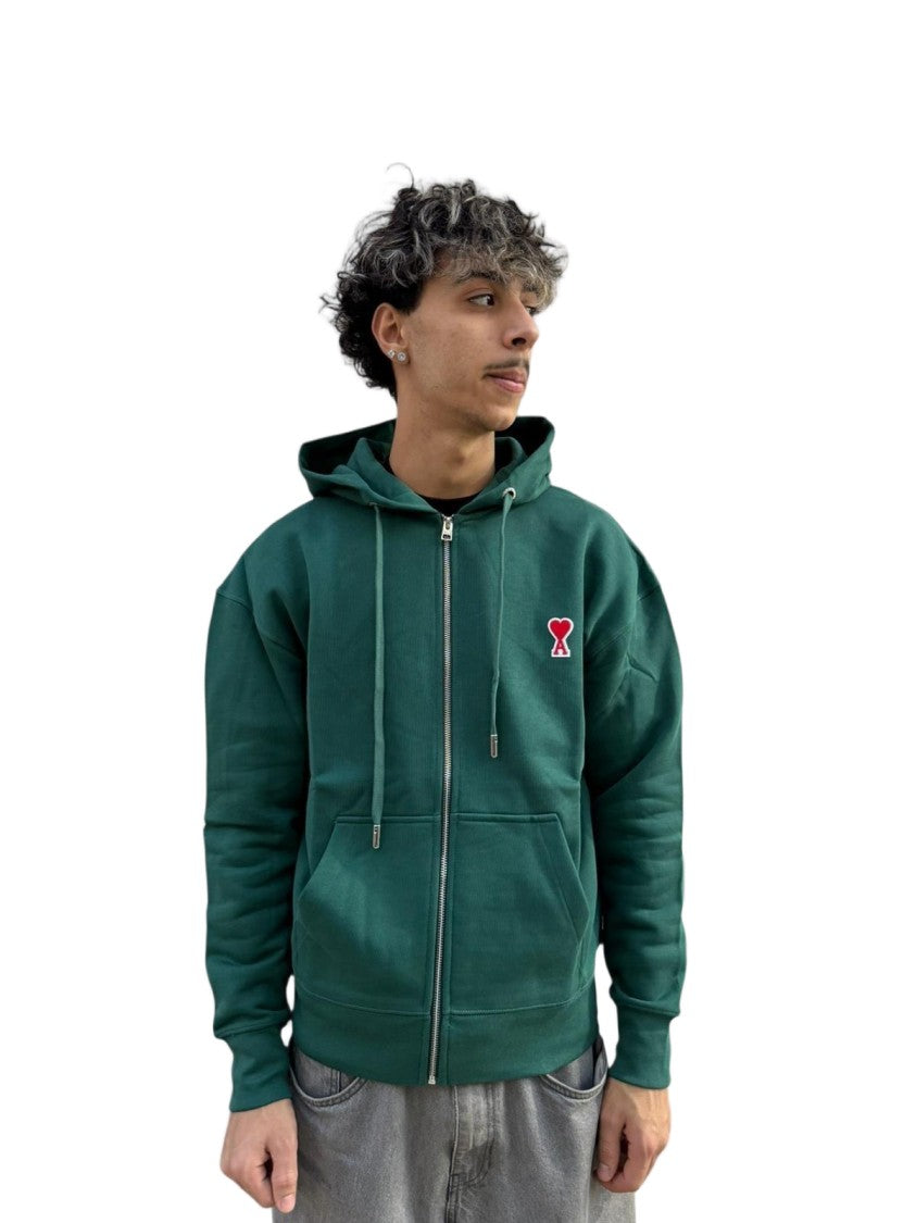Ami Paris Deep Green Zip-Up Hoodie With Drawstring Hood
