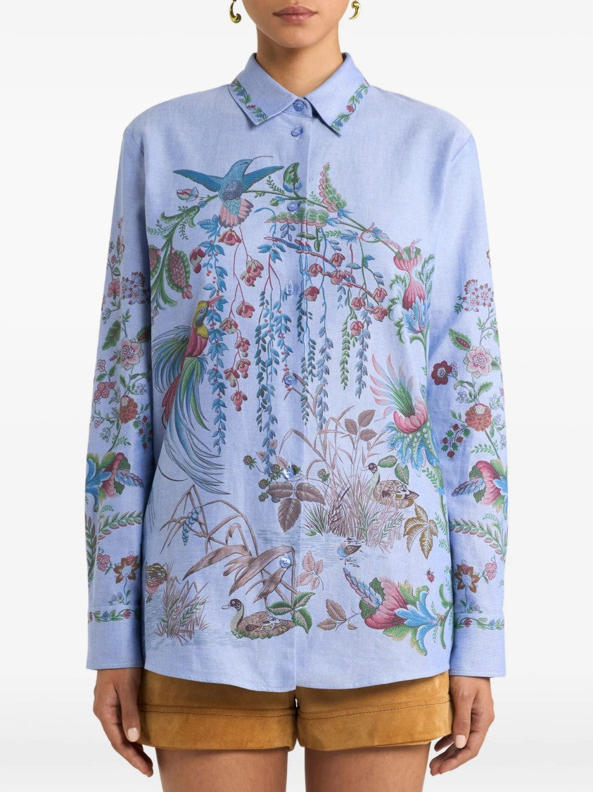 Etro Light Blue Botanical Print Button-Up Shirt
