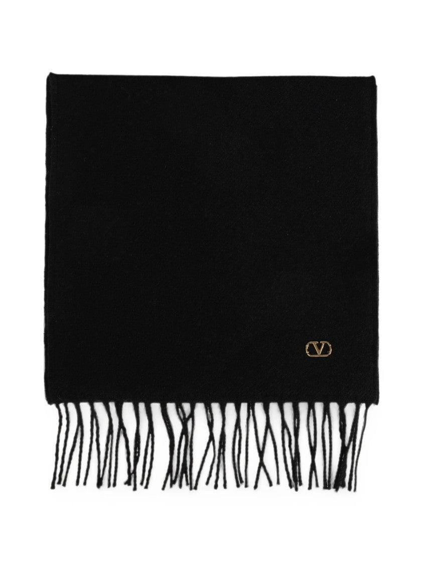 Valentino Fringed Black Cashmere Scarf With Gold-Tone Detail