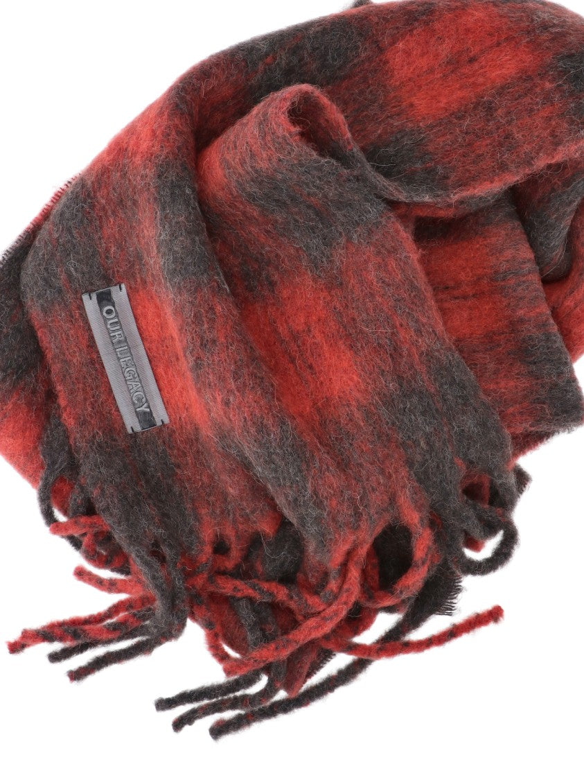 Our Legacy Red Checkered Estate Fringed Wool Scarf